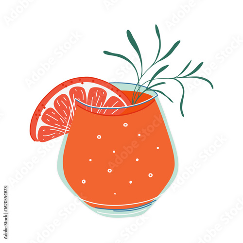 Refreshing Paloma Cocktail with grapefruit slice and herbs. Cool Summer lemonade. Popular alcohol drink made from tequila. Glass with beverage. Hand drawn flat design vector illustration.
