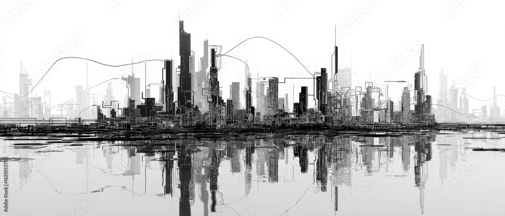 Fototapeta premium Abstract city reflected on water. Ideal for illustrating urban planning