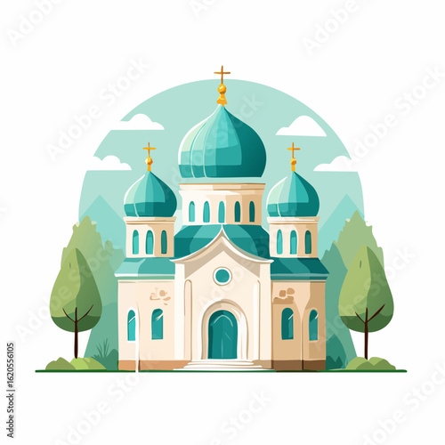 Cartoon Orthodox Church with Blue Domes and Golden Crosses Illustration