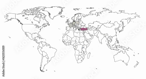 Wallpaper Mural Political world map with a focus on Turkey, highlighted in purple, and its geopolitical relationship with European nations. Torontodigital.ca