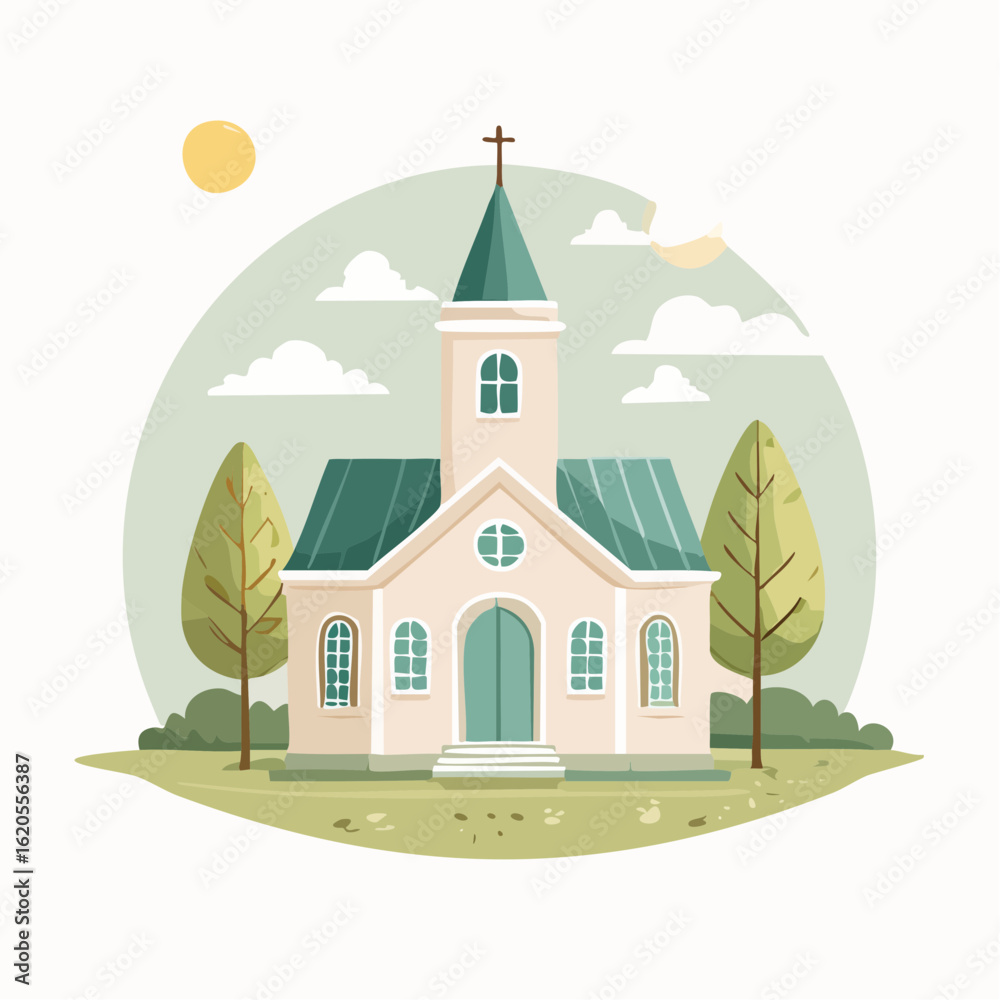Naklejka premium Cartoon church with teal roof and cross, surrounded by trees and a sunny sky