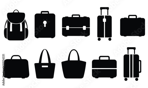 Vector art of black and white travel bags isolated on white background a collection of luggage icons for vacation, business, and adventure designs