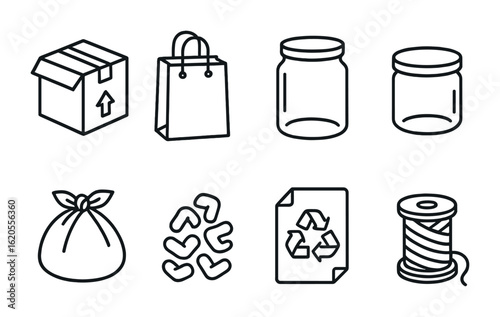 Eco Packaging Icons. Outline icon set of Eco-friendly packaging materials: cardboard boxes, paper bags, glass