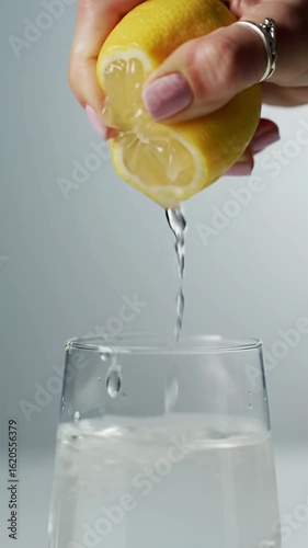 Extreme close-up of a human hand squeezing vibrant yellow lemon, golden juice splashes in super slow motion into clear water glass, bright high-key studio lighting, soft clean bokeh background.