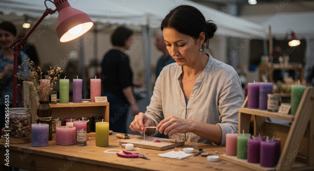 Fototapeta premium Woman making candles at a market stall