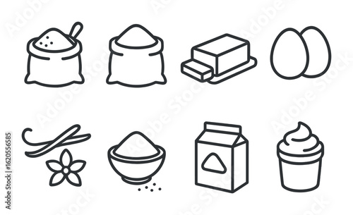 Dessert Ingredient Icons. Outline icon set of dessert ingredients: sugar, flour, butter, eggs, vanilla pod,