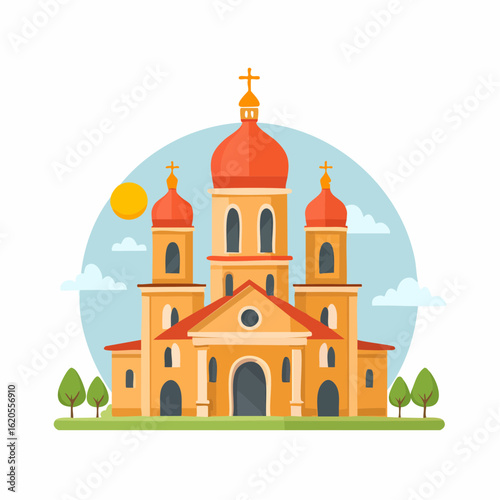 Cartoon illustration of a church with domes and crosses
