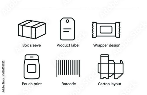 Packaging Print Icons. Outline icon set of packaging prints: box sleeve, product label, hang tag, wrapper