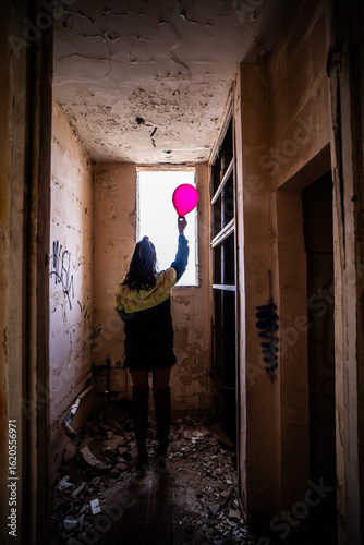 Wallpaper Mural Halloween Pumpkin Head Girl in Urban Graffiti Scene with a red balloon. Torontodigital.ca