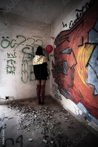 Wallpaper Mural Halloween Pumpkin Head Girl in Urban Graffiti Scene with a red balloon. Torontodigital.ca