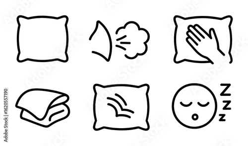 Fluffing Pillow Icons. Outline icon set of fluffing pillows: soft cushion, pillow corner, air puff, hand