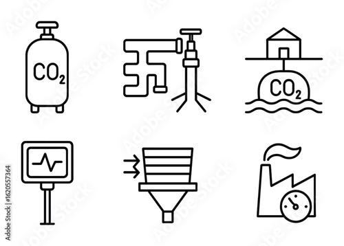 Carbon Capture Icons. Outline icon set of carbon capture and storage: CO2 tank, pipeline network, injection