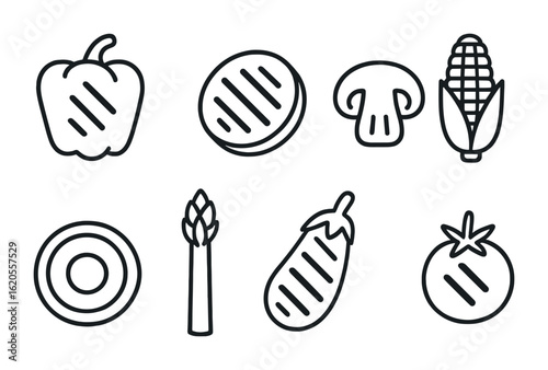 Grilled Vegetable Icons. Outline icon set of grilling vegetables: bell pepper, zucchini slice, mushroom cap,
