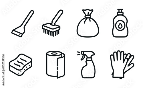 BBQ Clean-Up Icons. Outline icon set of BBQ clean-up tools: grill scraper, wire brush, trash bag, dish soap,