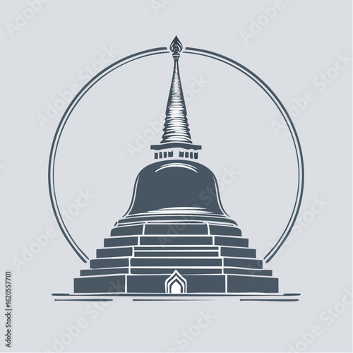 Detailed Vector Illustration of a Traditional Buddhist Stupa with Circular Frame