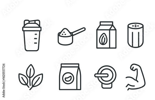 Protein Shake Icons. Outline icon set of protein milkshakes: shaker bottle, protein scoop, almond milk, banana