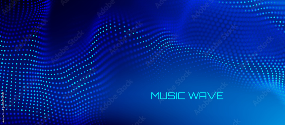 Obraz premium Music BG tech wave background with 3D sound data patterns and abstract audio lines. Digital equalizer ripple effects for conferences or webinar banners. Futuristic music designs with particle flows.