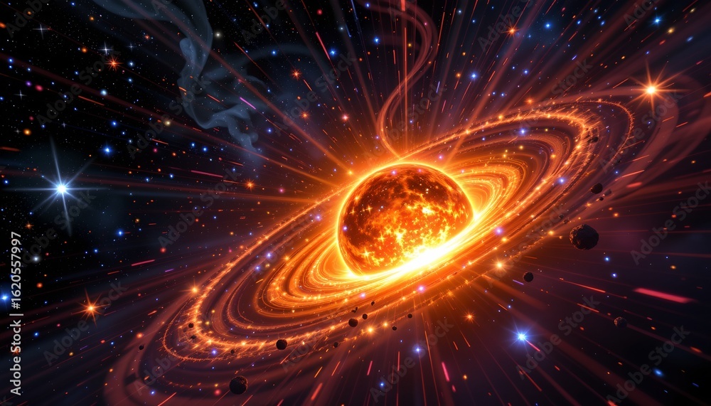 Obraz premium a galactic supernova explosion illuminating surrounding stars, cosmic radiation waves spreading outward