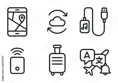 Modern Travel Essentials. Outline icon set of modern travelers: mobile map, cloud sync, travel playlist,