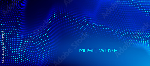 Music BG tech wave background with 3D sound data patterns and abstract audio lines. Digital equalizer ripple effects for conferences or webinar banners. Futuristic music designs with particle flows.