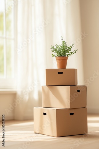 Stacked cardboard boxes arranged in sunlit minimalist living room with green potted plant on top