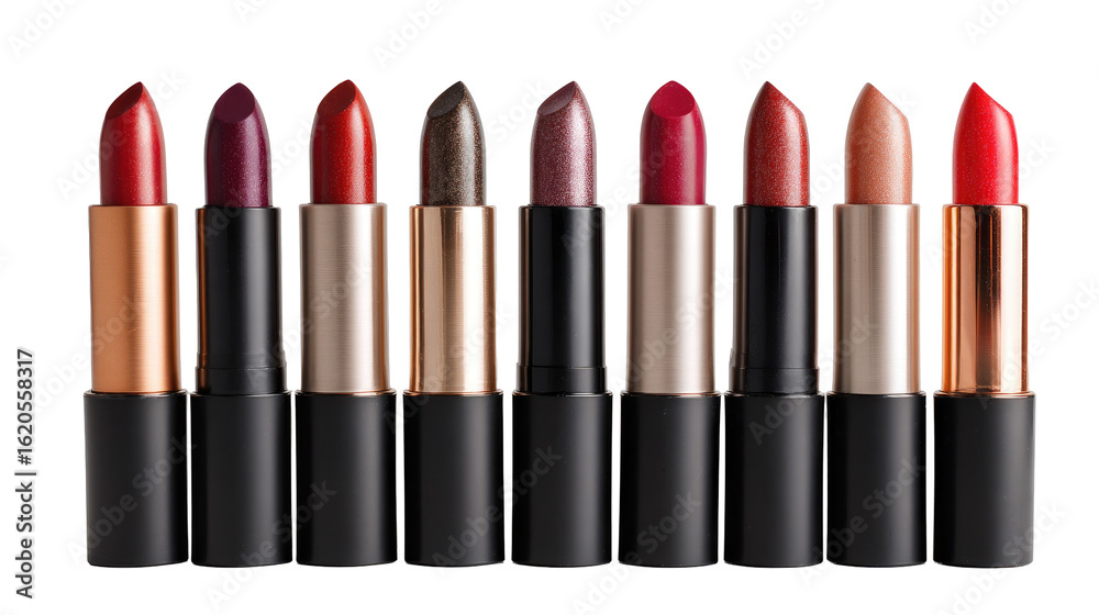 Obraz premium Assorted Lipsticks in Black and Metallic Cases Isolated on Transparent Background