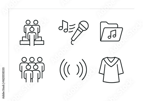 Choral Ensemble Icons. Outline icon set of background vocals and choirs: choir stand, harmony notes, backup