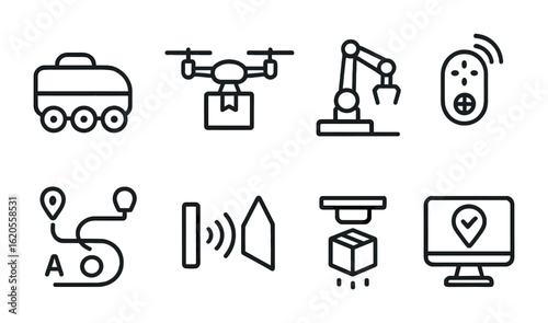 Autonomous Delivery Icons. Outline icon set of autonomous delivery systems: self-driving bot, delivery drone,