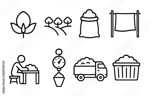 Cotton Harvest Icons. Outline icon set of cotton harvesting: open cotton boll, field row, cotton sack, drying