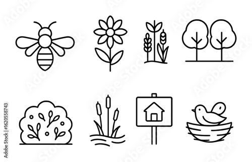Farm Biodiversity Icons. Outline icon set of farm biodiversity: pollinator bee, native plant, mixed crops,