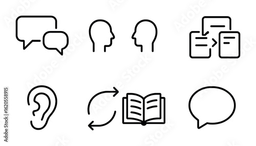 Dialogue Learning Icons. Outline icon set of learning through dialogue: speech icons, dual profile, discussion