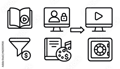 Passive Income Icons. Outline icon set of passive income streams: course icon, membership site, affiliate link