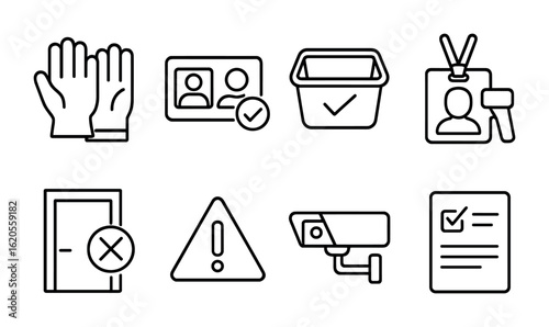 Mailroom Safety Icons. Outline icon set of mailroom safety: safety gloves, ID verification, security bin,