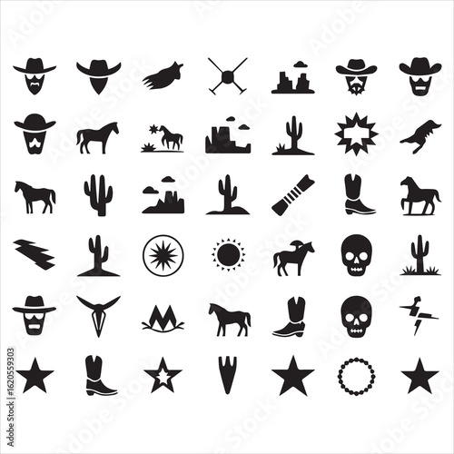 Vector set contains 45 black Western-themed icons, including cowboys, horses, desert landscapes, cacti,, skulls, boots, and stars.