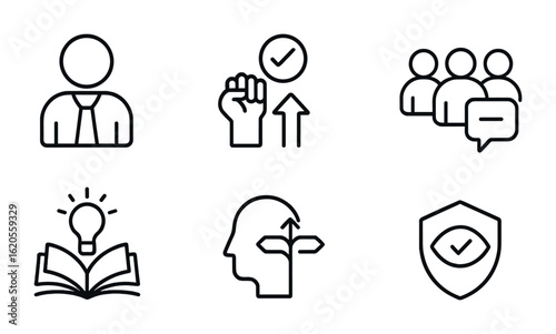 Agile Leadership Icons. Outline icon set of agile leadership: leader icon, empowerment symbol, team trust,