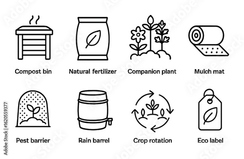 Organic Gardening Icons. Outline icon set of organic gardening: compost bin, natural fertilizer, companion