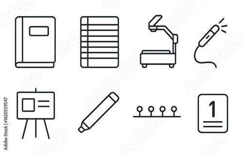 Trial Tools Icons. Outline icon set of trial presentation tools: evidence binder, legal pad, document