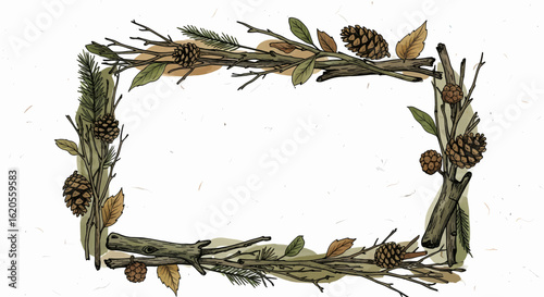 A hand-drawn rectangular frame composed of rustic twigs, pinecones, and autumn leaves. An elegant woodland border illustration with a natural, earthy feel.
