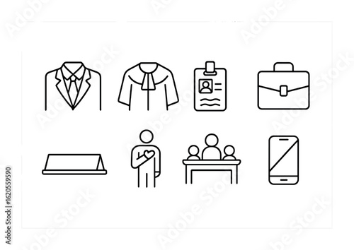 Courtroom Icon Set. Outline icon set of courtroom attire and conduct: suit and tie, legal robe, courtroom pass