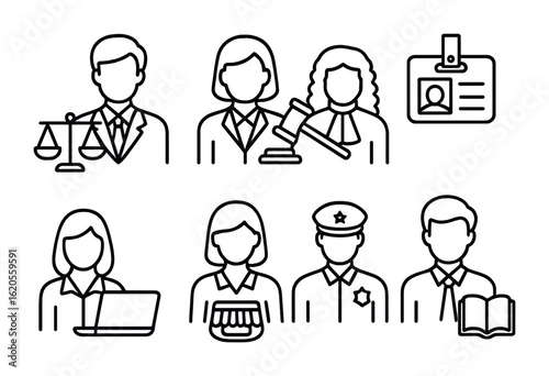 Legal Icons Collection. Outline icon set of legal professionals: defense lawyer, prosecutor icon, judge icon,