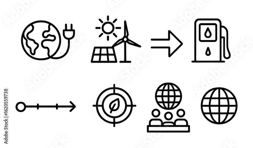 Global Energy Icons. Outline icon set of global energy transition: earth with plug, renewable mix, power shift