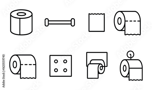 Toilet Paper Icons. Outline icon set of toilet paper roll: paper roll, holder bar, torn sheet, roll end,