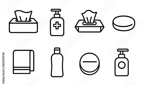Hygiene Icon Set. Outline icon set of hygiene products: tissue box, hand sanitizer, wet wipes, soap bar, face