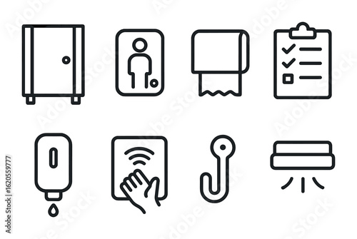 Public Restroom Icons. Outline icon set of public restroom icons: stall door, occupancy sign, paper dispenser,