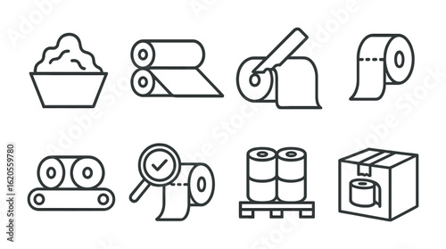 Toilet Paper Icon Set. Outline icon set of toilet paper manufacturing: paper pulp, roller machine, cutting