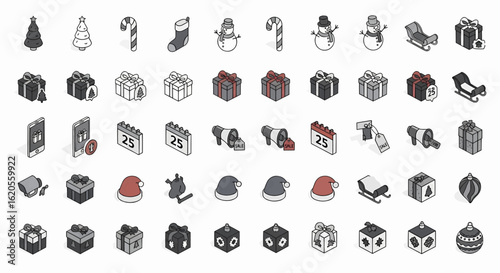 A comprehensive set of isometric Christmas icons featuring festive symbols like trees, gifts, and Santa hats. Modern vector illustrations for holiday design.