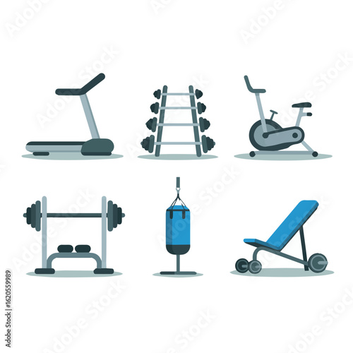 Illustration showing various gym equipment including treadmill weights bike and punching bag and bench
