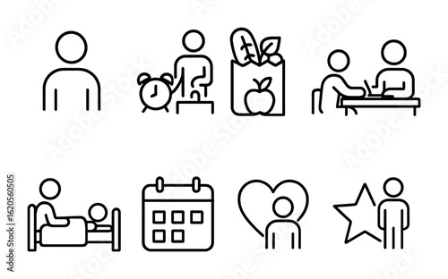 Single Parenting Icons. Outline icon set of single parenting life: one parent icon, morning routine, grocery