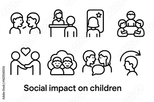 Children's Impact Icons. Outline icon set of social impact on children: peer talk, school counselor,