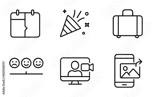 Modern Holiday Icons. Outline icon set of shared holidays and events: split calendar, celebration icons,
